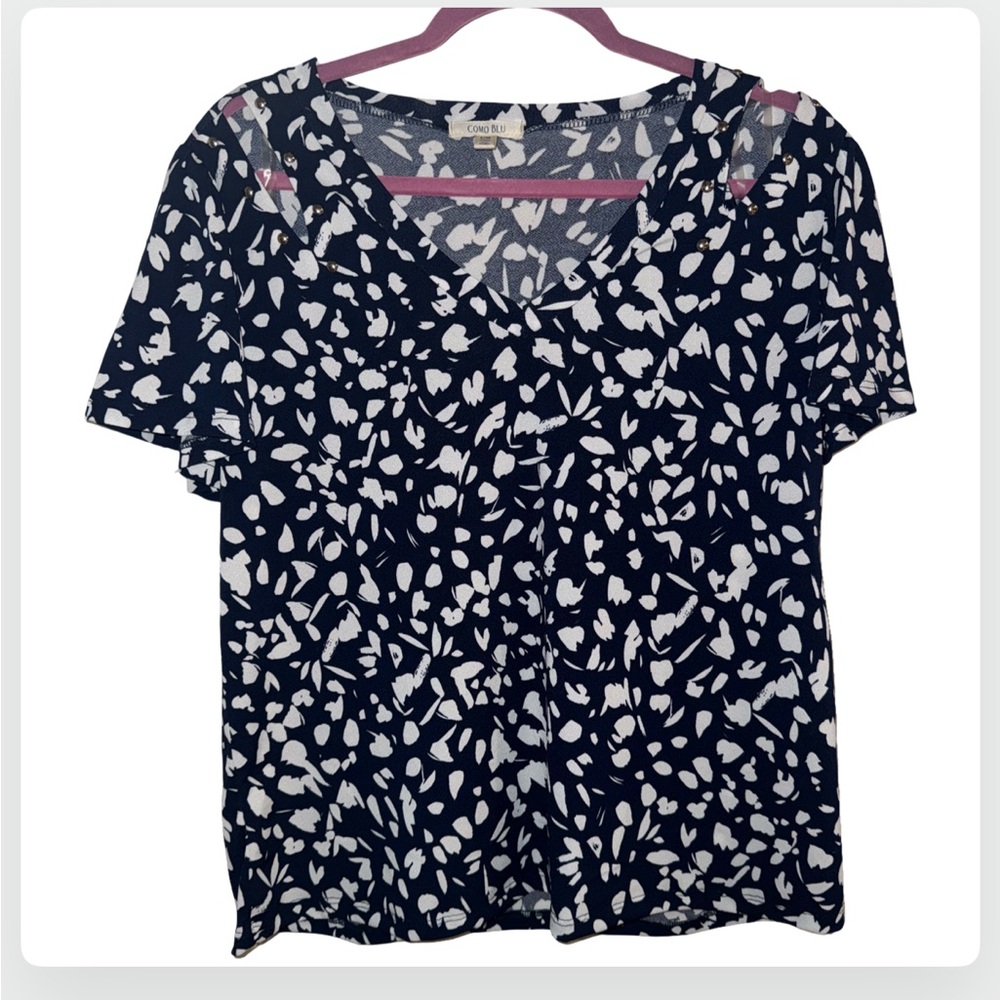 Como Blu Navy and White Short Sleeve Blouse